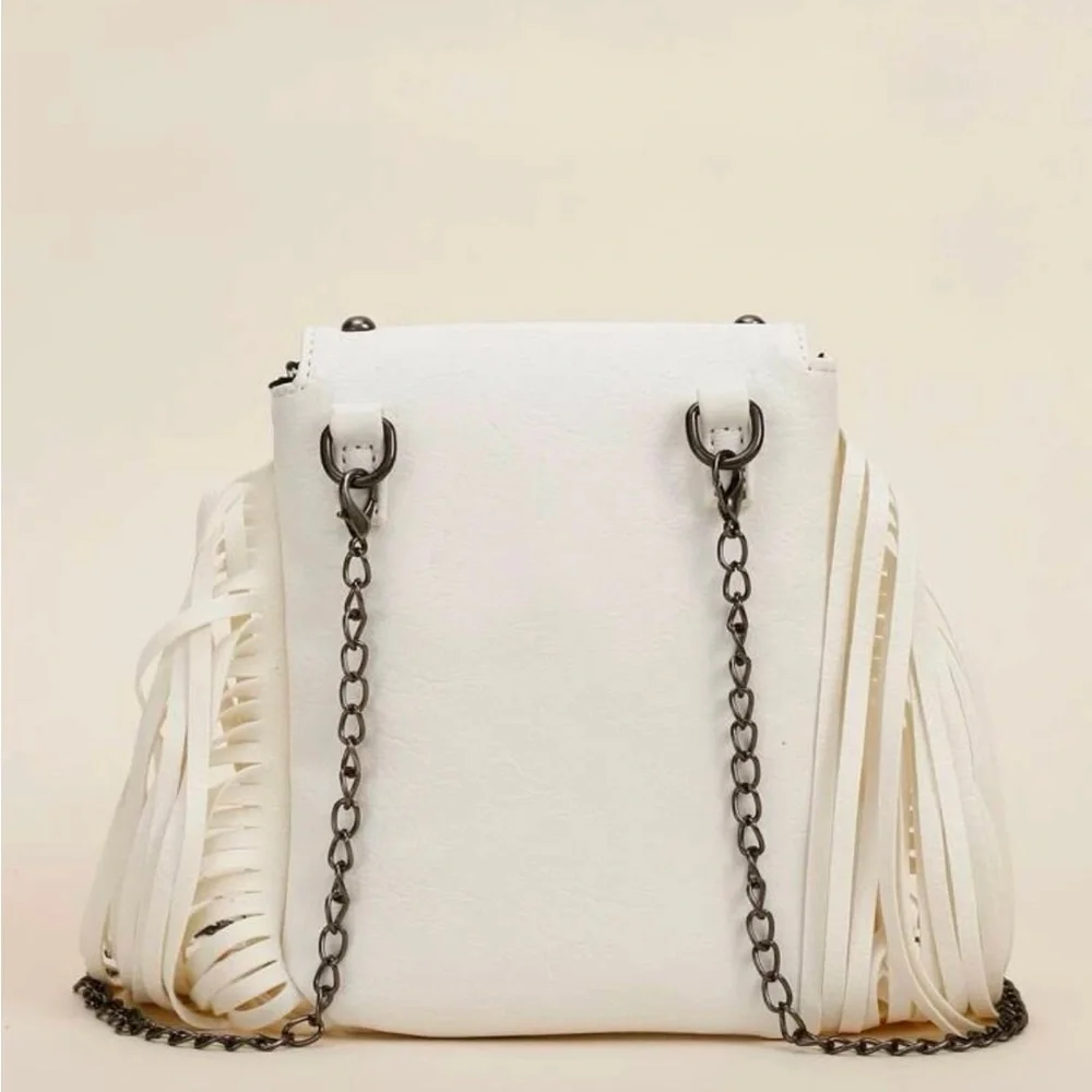 Beige Mini Tassel and Studded Chain Crossbody Bag - Picture 5 of 6